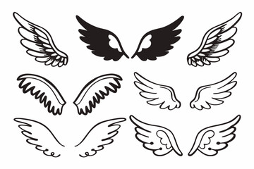 Obraz premium A set of black and white wing illustrations in various styles and designs