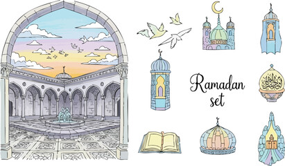 Fototapeta premium Hand drawn vector art of islamic mosque courtyard with fountain birds flying around and separate colorful ramadan icons including mosque domes book lanterns and crescent moon in pastel shades