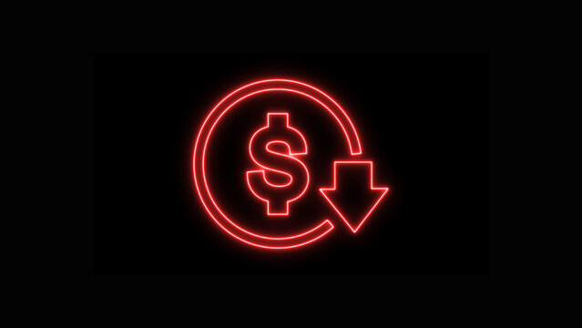 Colorful neon dollar currency symbol icon with a prominent downward arrow indicating falling prices, economic decline, or reduced costs, isolated on black background.