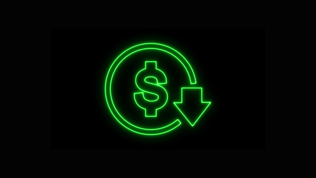 Colorful neon green dollar sign icon with a downward arrow inside a circular frame, representing financial decrease and economic downturn, isolated on black background.