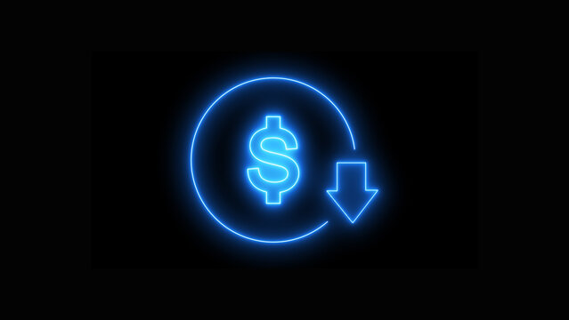 Glowing blue dollar sign icon with a downward arrow symbolizing financial decrease and economic decline, encircled by a neon light, isolated on black background
