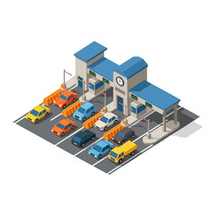 Fototapeta premium Isometric toll booth station with cars queuing for payment on road infrastructure