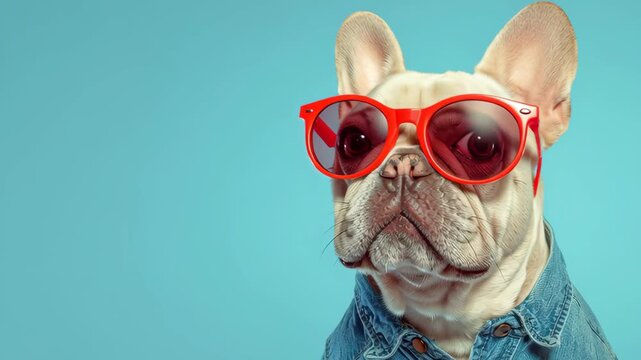 Cute bulldog wearing red sunglasses and denim jacket on blue studio background. Closeup portrait. Stylish trendy dog on colorful backdrop. Playful fashion vibe. Happy puppy. Pet party. Poster, card