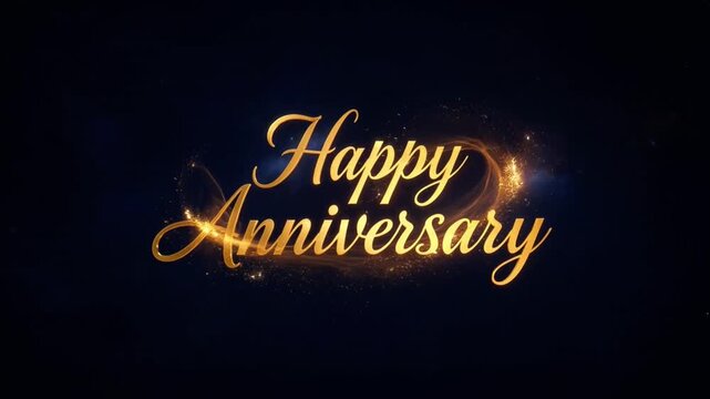 Golden Happy Anniversary glowing text animation with magical particles on a dark background
