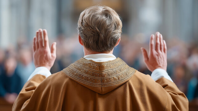 Priest blessing congregation during religious service at altar