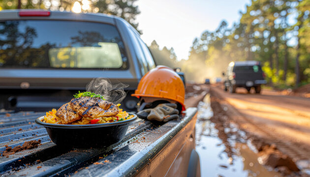 Grilled chicken healthy fast food bowl on pickup truck tailgate at construction site