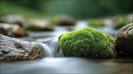 Serene stream with moss-covered rocks in tranquil nature scene
