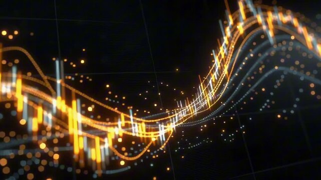 Extreme close-up cinematic 4K video, glowing candlestick patterns digital stock chart, dynamic market movement, pulsing light effects, dark minimalistic background, soft particle trails, zoom-in