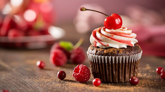 Chocolate cupcake with white frosting and cherry topping surrounded by raspberries