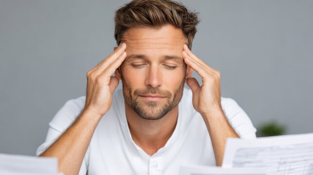 Stressed man contemplating paperwork at office desk for business concept
