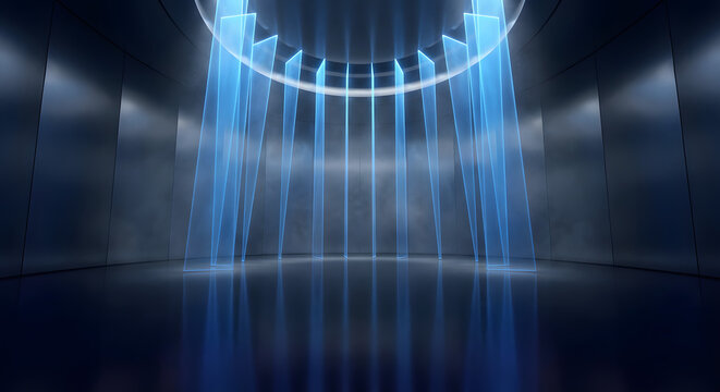Futuristic empty dark showroom or laboratory with blue glowing light beams falling from circular ceiling onto reflective floor for product presentation and high tech background