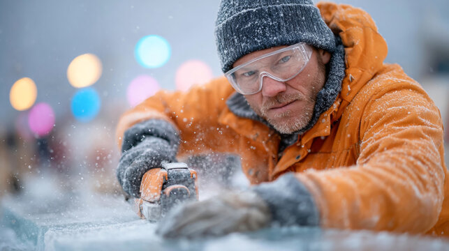 Skilled artisan crafting ice sculpture in winter workshop with precision and focus