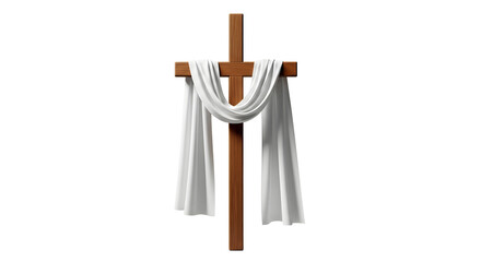 A wooden cross with a white cloth draped over it on transparent background