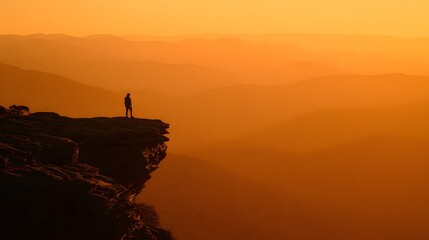 Silhouette of a person standing on a cliff edge at sunset.