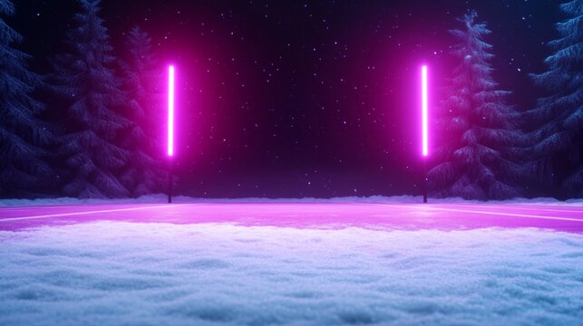 Futuristic neon pink and cyan glow over snowy winter scene with ufo theme