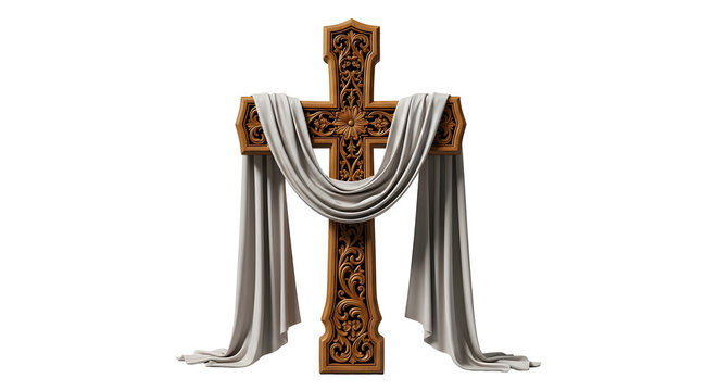 A beautifully crafted wooden cross with white cloth draped over it on transparent background