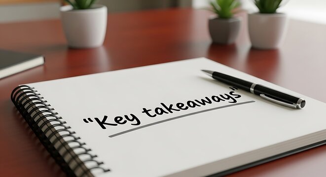 Notebook with "Key takeaways" on a wood desk, pen, small plants, and a notebook in the background