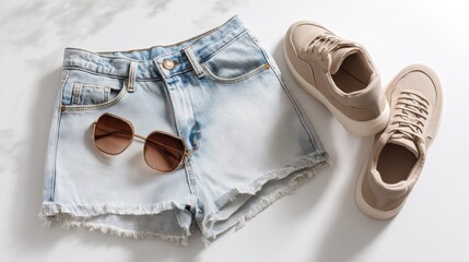 Casual summer outfit set featuring denim shorts, sneakers, and sunglasses on a white background
