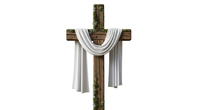 A wooden cross with a white cloth draped over it on transparent background