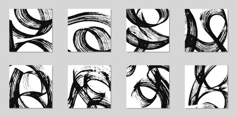 Set of vector square abstract backgrounds. Black ink marks, brush strokes, patterns.