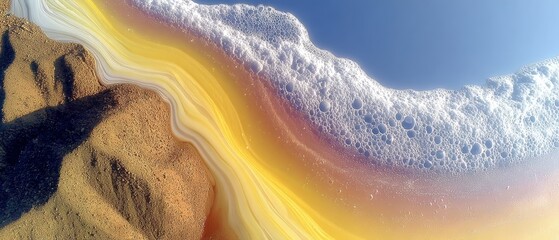 Abstract Coastal Foam and Golden Liquid Swirl Over Sand-Like Texture, Vibrant Aerial View