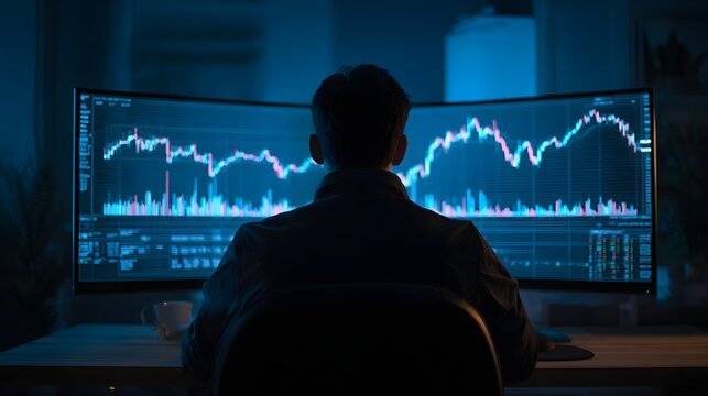 Man analyzing stock market data on computer screen at night.