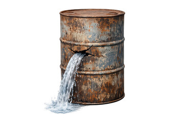 Obraz premium Rusty metal drum with a large hole, water pouring out and spilling onto the ground, symbolizing pollution and waste