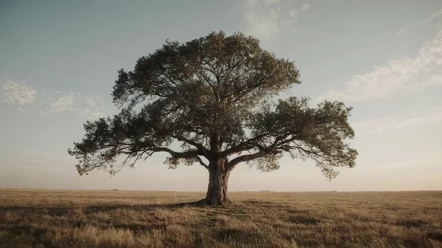 Vast field with a large, mature tree under a pale, cloudy sky