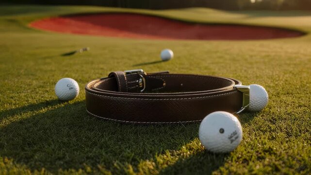 A leather belt and golf balls rest on a grassy golf course