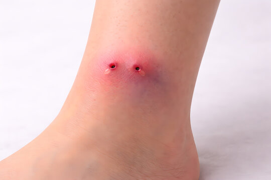 Photorealistic 3D medical-grade macro close-up of a venomous snakebite puncture marks: two small fang punctures a short distance apart with mild surrounding redness and localized swelling