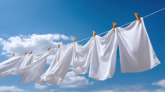 White laundry hanging on a clothesline in bright sunlight under a clear blue sky during midday