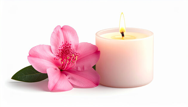 Serene pink flower beside a lit candle in a peaceful setting