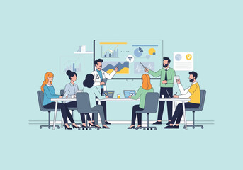 Vector Ilustration Flat Design Business Meeting Presentation with Diverse Team Collaborating Effectively.