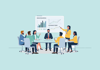 Vector Ilustration Flat Design Business Meeting Presentation with Diverse Team Collaborating.
