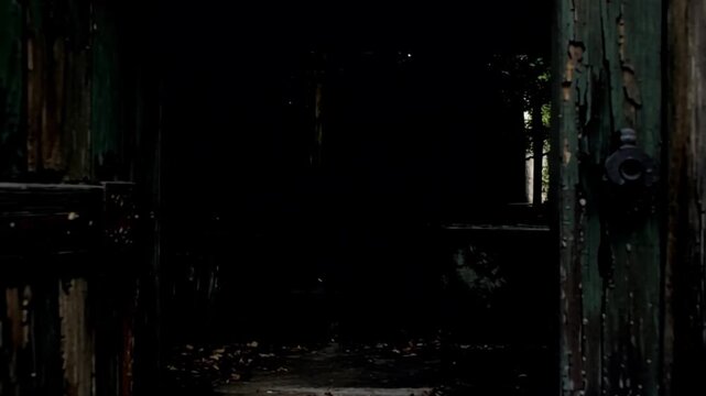 Old Wooden Door Opening Slowly in Darkness.