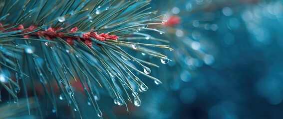 Fototapeta premium Close-up of dewdrops on blue-green pine needles, red branch