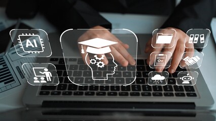 Naklejka premium Hands typing on a laptop with digital icons representing artificial intelligence, education, technology, and teamwork in a modern workspace environment Gluon.