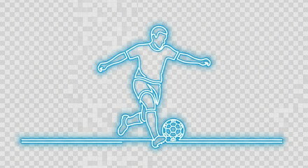 Soccer player kicking ball in motion with blue neon outline on gray background