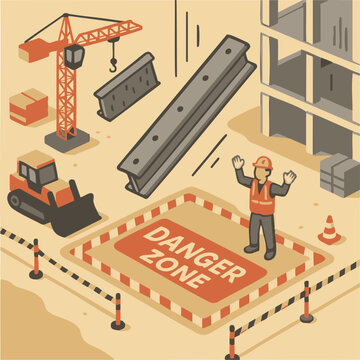 Construction site danger zone isometric warning scene