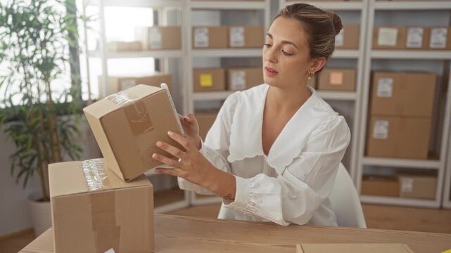Woman holding parcel and smartphone while seated at table with stacked boxes and shelving in building shipping area; small business focus.