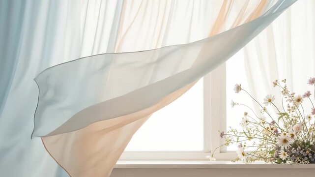 Sheer curtains blowing gently in the wind from an open window with wildflowers on the sill for a fresh air concept and serene home atmosphere