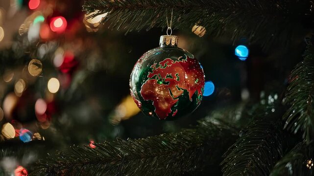 Festive globe ornament dangles from a decorated evergreen branch amid blurred lights