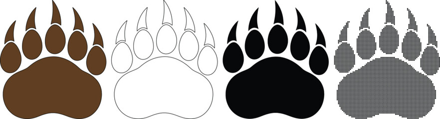 Bear paw prints in four styles: brown, outline, black, and pixelated, on white background © AMJAD
