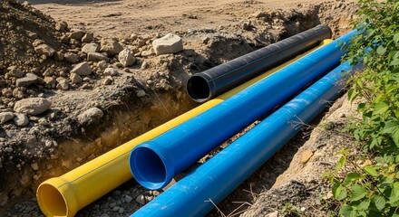 Exposed Underground Utility Pipes with Yellow, Blue, and Black Plastic Tubing in