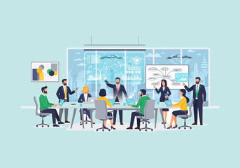 Vector Ilustration Flat Design Business Meeting in Modern Office with Diverse Team Collaborating.