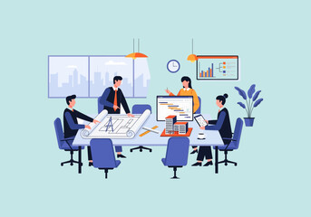 Vector Ilustration Flat Design Business Meeting Discussion Project Planning Collaboration.