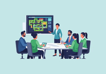 Vector Ilustration Flat Design Business meeting with diverse team presenting ideas on screen.