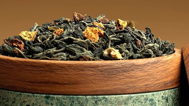 Close-up of a tea container filled with leaves