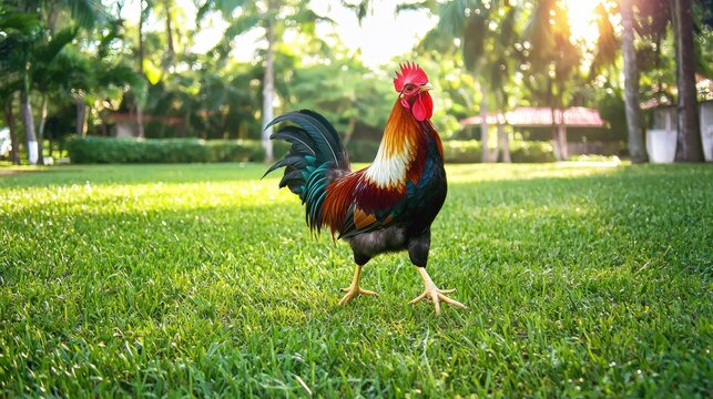 Bright colorful rooster standing on lush green grass in a sunny outdoor park with trees and natural background, detailed vibrant bird in daylight scene