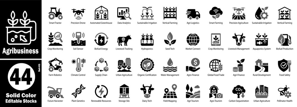Agribusiness solid glyph icons. Sustainable farming set vector illustration.